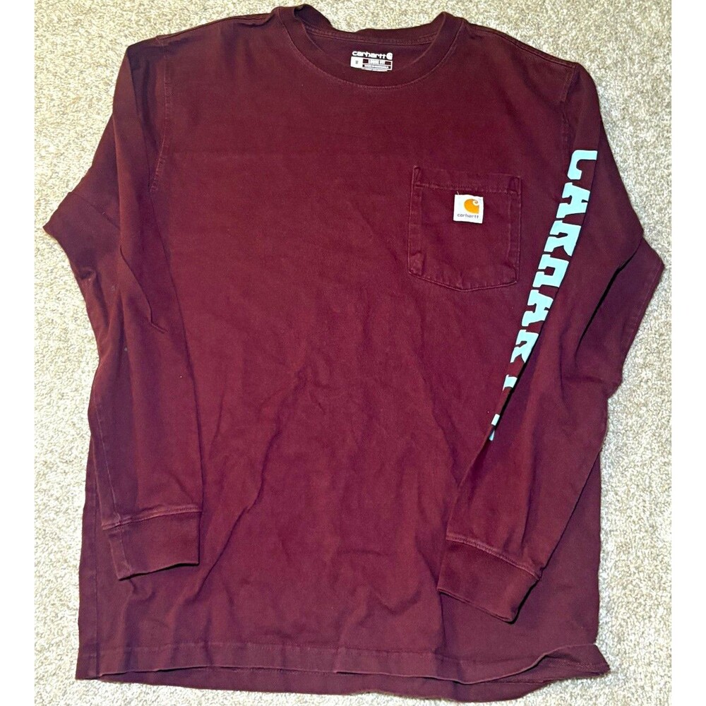 Carhartt Loose Fit Mens M Burgundy Cotton Knit Crew Neck Pocket Tee